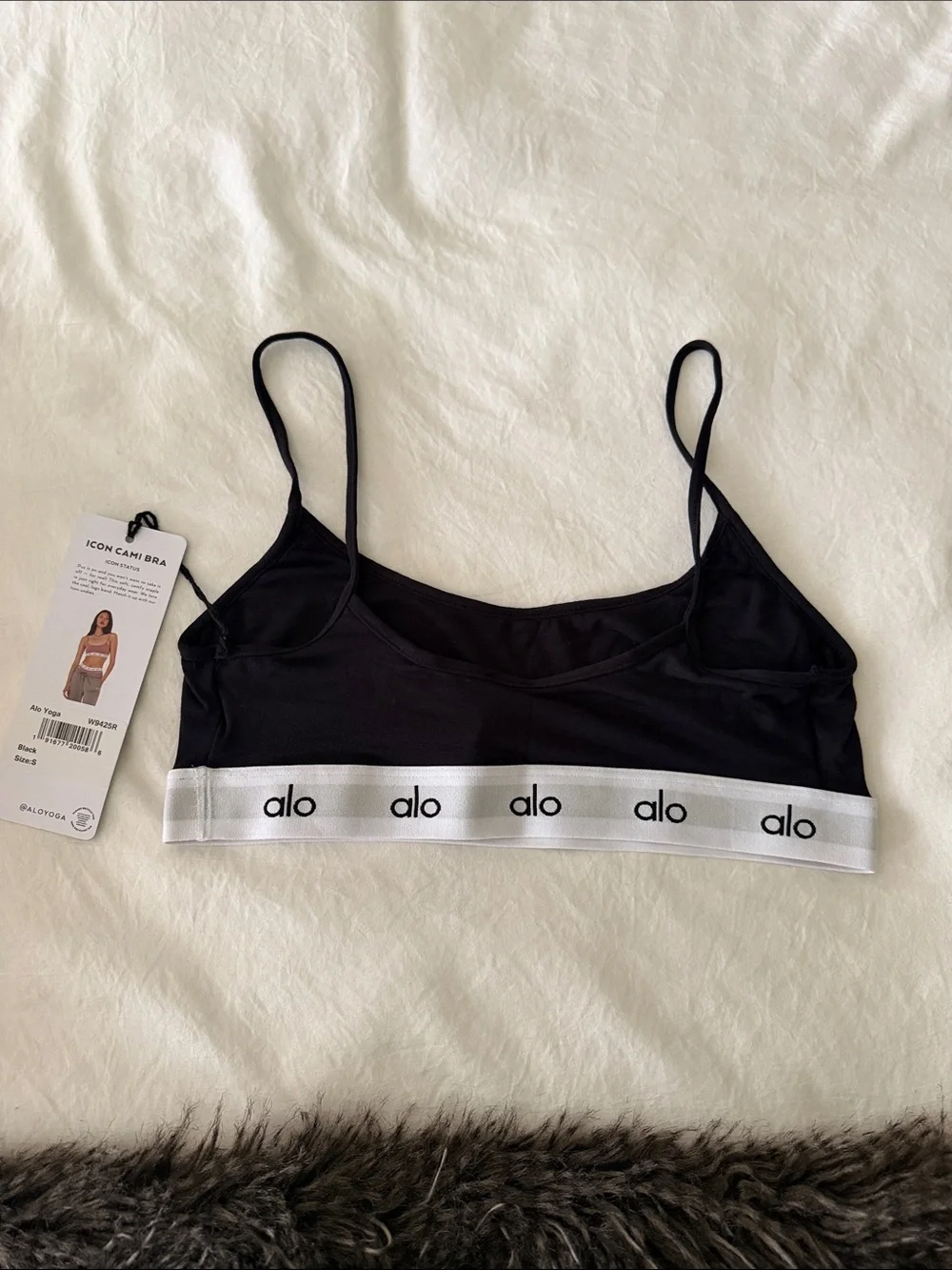 ALO Yoga Black Cami Bra with White Logo Band